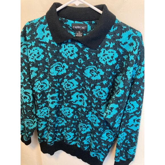 Carreau 80's Vintage Blue Floral Collared 80’s Long Sleeve Sweater Size Medium - Picture 5 of 8